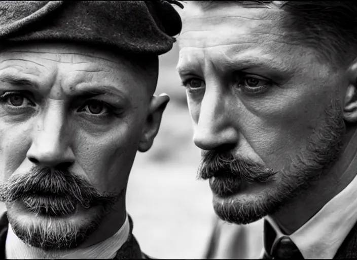 Prompt: an action scene from peaky blinders, medium long shot, tom hardy, sharp eyes, serious expressions, detailed and symmetric faces, black and white, cinematic, epic,