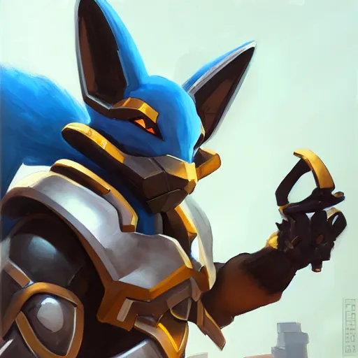 Prompt: greg manchess portrait painting of partially armored lucario as overwatch character, medium shot, asymmetrical, profile picture, organic painting, sunny day, matte painting, bold shapes, hard edges, street art, trending on artstation, by huang guangjian, gil elvgren, ruan jia, greg rutkowski, gaston bussiere