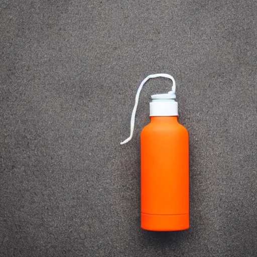Prompt: An orange plastic water bottle with white bold text written on it.