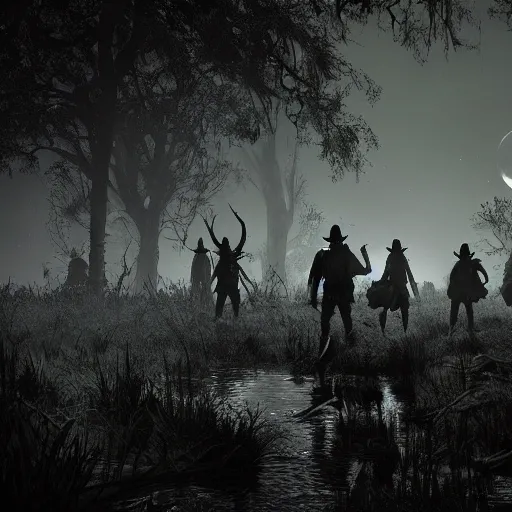 Image similar to hunters from hunt showdown walking through a swamp at night, full moon, vegetation, horror, back lighting, realistic details