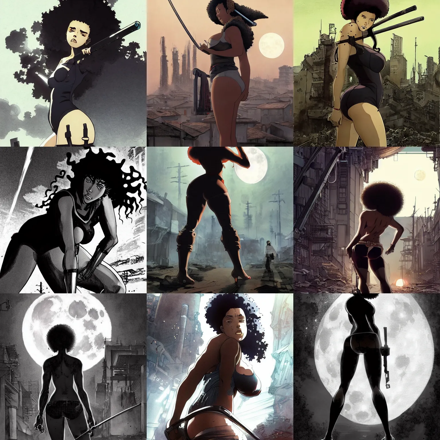 Prompt: thicc scarlett johansson afro samurai anime style, full body profile, dynamic wide angle lens, manga style, frank frazetta and greg rutkowski, pencil and ink, full moon lighting, fully clothed, hot pants, in a post apocalyptic city