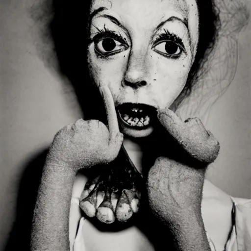 Image similar to a black and white photograph by Gary Baseman, Robert Crumb, Jim Henson, Jenny Saville, Egon Schiele, photorealistic, surreal, high contrast, film photography, portrait photography