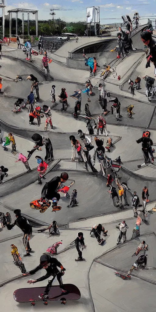 Image similar to oil painting scene skatepark with skaters and ramp by kim jung gi