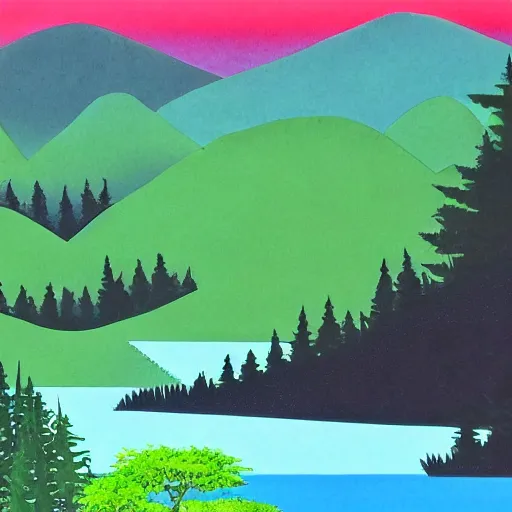 Prompt: high detail sharp anime gouache background , forest panorama with lake by bruce lee