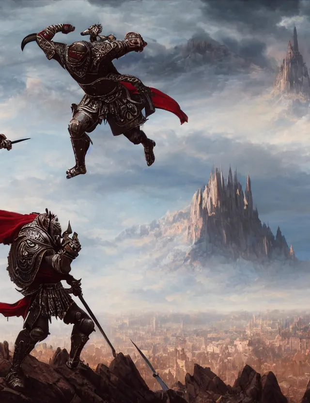 Prompt: wide angle shot from above of silver ornate armor slim handsome mma warriors in battle!!! mountains and giant gothic abbeys in the background, fine detail, 8 k, high contrast color scheme, blue at the background red at the foreground!!!, dynamic perspective, painted movie poster by greg rutkowski and peter mohrbacher