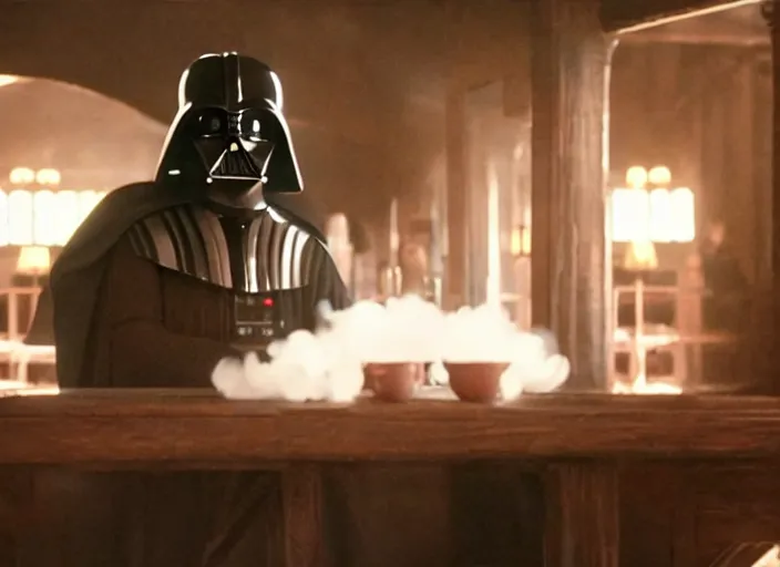 Image similar to film still of Darth Vader as William the man in black in Westworld drinking at the saloon, 4k