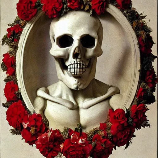 Image similar to a man in the form of a Greek sculpture with a mask in the form of a skull and wreath of flowers skulls in hands dressed in a biomechanical dress, red white and gold color scheme, baroque, by Michelangelo