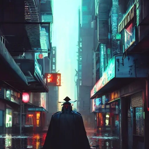 Image similar to ultra realistic studio shot of a cyberpunk samurai with straw hat on a dusk city, cinematic, wet reflections, liflike, unreal engine 5, octane, smooth, rtx, ray tracing, hyper detailed, hyper realism, fantasy, trending on artstation, behance, deviantart