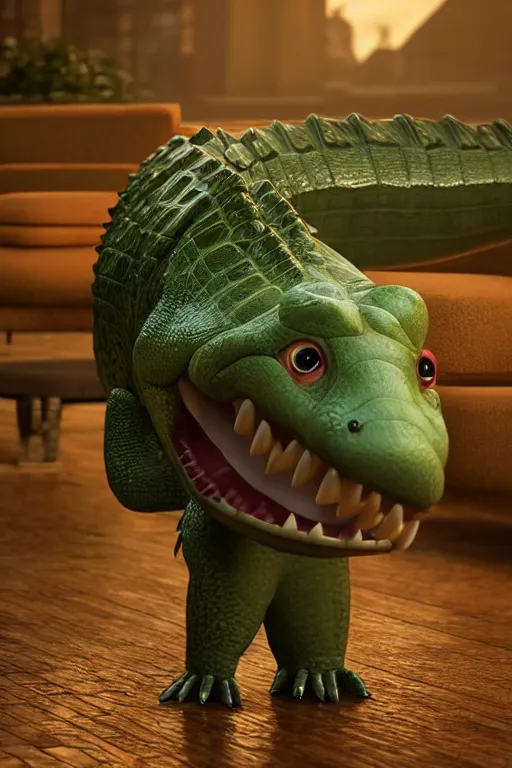 Image similar to a crocodile wearing a formal overcoat, Pixar style, 3D render, octane render, unreal engine 5, path tracing, cute, Disney style, 4K, natural lighting, high quality, highly detailed, low poly,