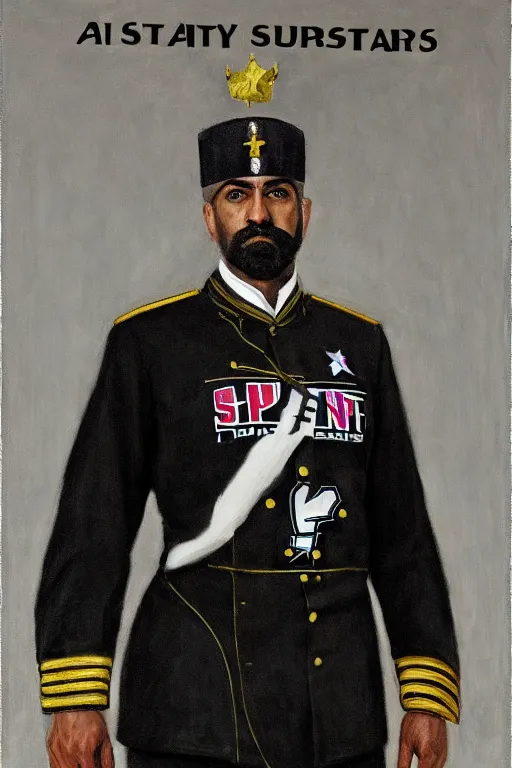 Prompt: full body portrait of the dictator of the san antonio spurs, 1 8 8 9, in full military garb, silver, black, white, oil on canvas by william sidney mount, trending on artstation