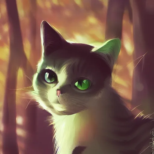 Prompt: portrait of a cat in a forest, by kawacy, sunlight, trending on pixiv, bokeh, furry art, anime, dramatic lighting, digital art