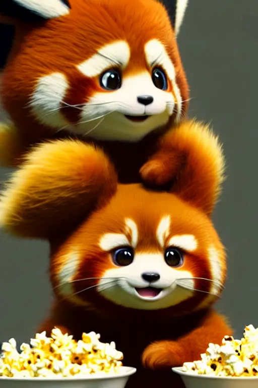 Image similar to high quality 3 d render hyperrealist very cute happy red panda & cat hybrid stuffing face with popcorn, vray smooth, in the style of detective pikachu, very dramatic light, low angle, uhd 8 k, shallow depth or field