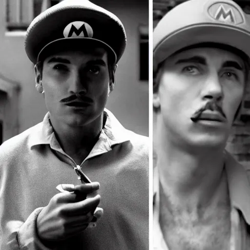 Prompt: Mario smoking in an A24 film aesthetic