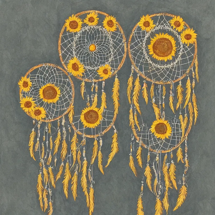 Prompt: Sunflowers dreamcatchers embedded into one another. Artwork with strong tribal influences.