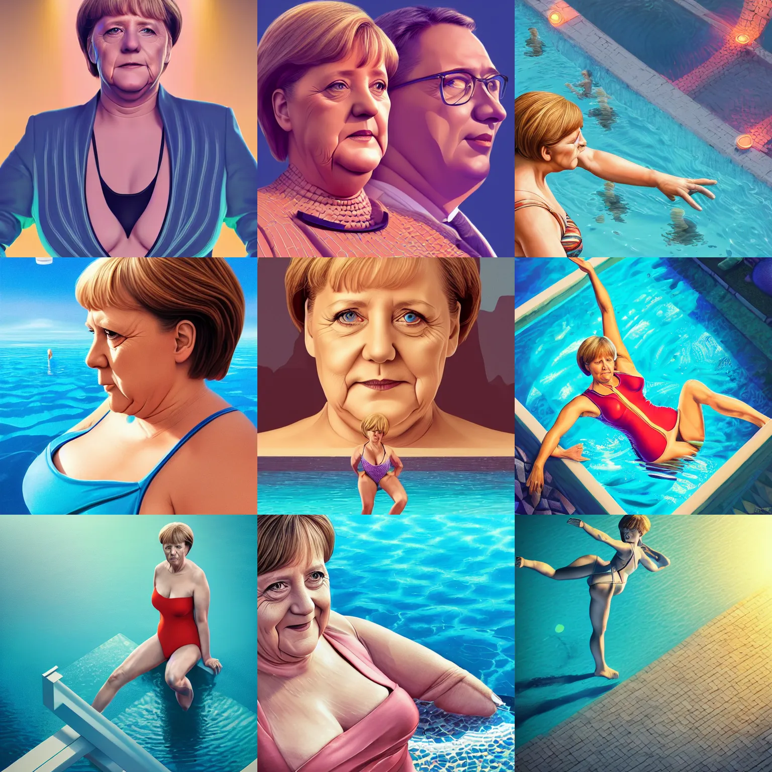 Prompt: portrait isometric drawing, angela merkel in swimsuit, intricate, epic lighting, cinematic composition, hyper realistic, 8k resolution, unreal engine 5, by Artgerm, tooth wu, dan mumford, beeple, wlop, rossdraws, James Jean, Andrei Riabovitchev, Marc Simonetti, yoshitaka Amano, Artstation