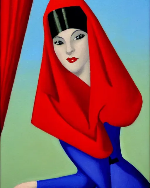 Image similar to a painting of a woman wearing a red veil, an art deco painting by archibald motley, deviantart, figurative art, art deco, oil on canvas, detailed painting