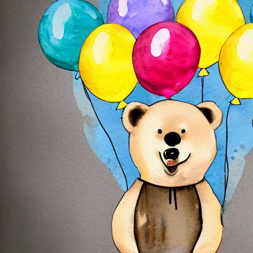 Image similar to watercolor cute animated bear holding birthday balloons, white background,