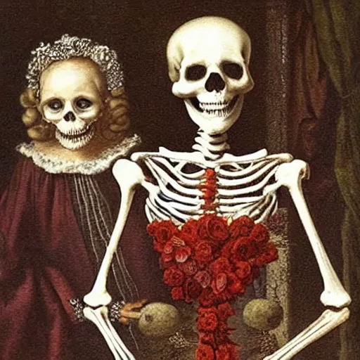 Prompt: a skeleton Queen is haunted by two servant girls who whisper in her ear, red and white flowers, Dutch masters, baroque, horror