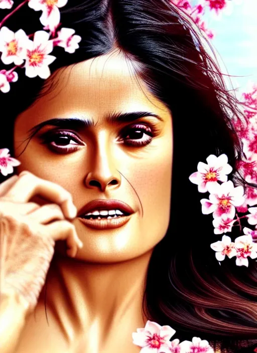 Image similar to photo of a gorgeous salma hayek in the style of stefan kostic, realistic, body shot, sharp focus, 8 k high definition, insanely detailed, intricate, elegant, art by stanley lau and artgerm, cherry blossoms