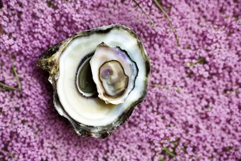 Image similar to a romantic dlsr photoportrait of the very beautiful oyster in the field of flowers. pastel colors, blurred background. sharp focus on the oyster, 5 0 mm lens, professional light, aerial shot from the drone