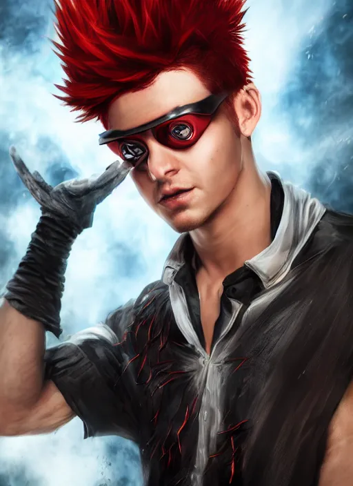 Image similar to An epic fantasy comic book style portrait painting of young man with long red spiked hair. Wearing a black waistcoat, white shirt, using googles. Blasting fire on his hands. Unreal 5, DAZ, hyperrealistic, octane render, cosplay, RPG portrait, dynamic lighting