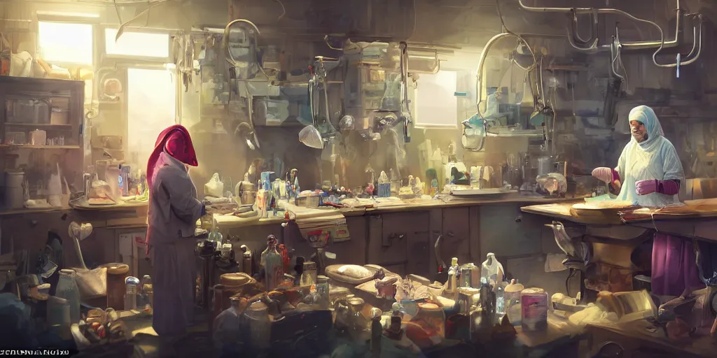 Image similar to an environmental concept art of a babushka surgeon in a cluttered mechanics workshop, surgical impliments, surgery table, highly detailed, cinematic, dramatic, cyberpunk