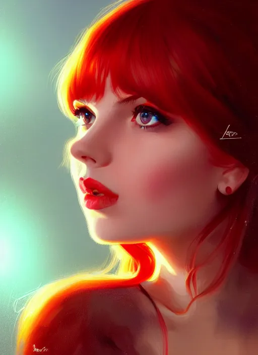 Image similar to portrait of lexi belle with bangs, 1 9 6 0 s, long hair, red hairband, bangs, intricate, elegant, glowing lights, highly detailed, digital painting, artstation, concept art, smooth, sharp focus, illustration, art by wlop, mars ravelo and greg rutkowski