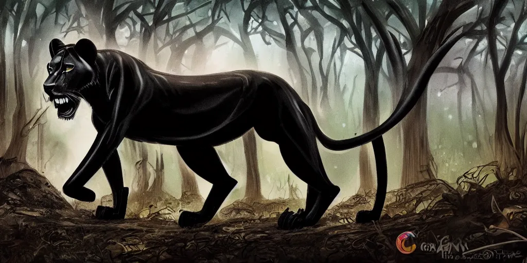 Image similar to a black lioness, made of smooth black goo, prowling through the forest, viscous, sticky, full of tar, covered with black goo. concept art, painting, animal drawing, color, savanna, wildlife photography, black goo, cinematic, in the style of cory loftis