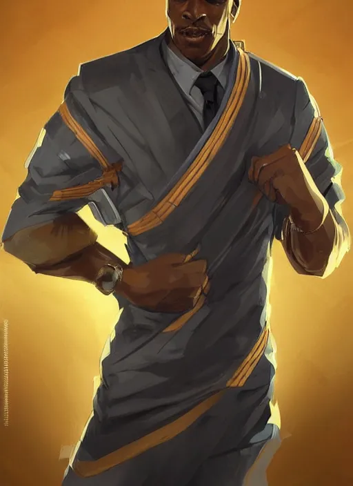 Prompt: detailed digital painting of handsome black man in corporate attire with short natural mohawk, fanart behance trending on artstation, concept art, matte, sharp focus, illustration, super hero pose, hearthstone, art by artgerm and greg rutkowski and alphonse mucha