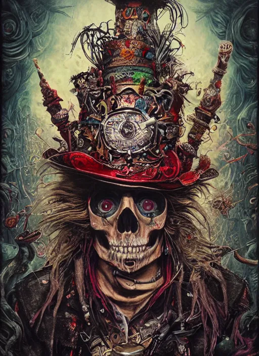 Image similar to mad hatter, aztec god, skull, highly detailed, cinematic, 8 k, by megan duncanson, benjamin lacombe, adrian borda, stanley artgermm, tom bagshaw, craig mullins, carne griffiths, ayami kojima, beksinski, giger, trending on deviantart, hyper detailed, horror, full of colour