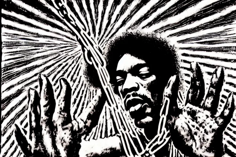 Prompt: grunge rock jimi hendrix being whipped being chained like a prisoner by divine spirits reaching down from the heavens, postmodern surrealist concert poster, grainy poster art, hand drawn matte painting by lynd ward, smooth, sharp focus, extremely detailed, 5 0 mm.