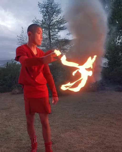 Image similar to [ [ [ [ [ [ squidward ] ] ] ] ] wearing fire nation clothing and practicing firebending outside at susnset