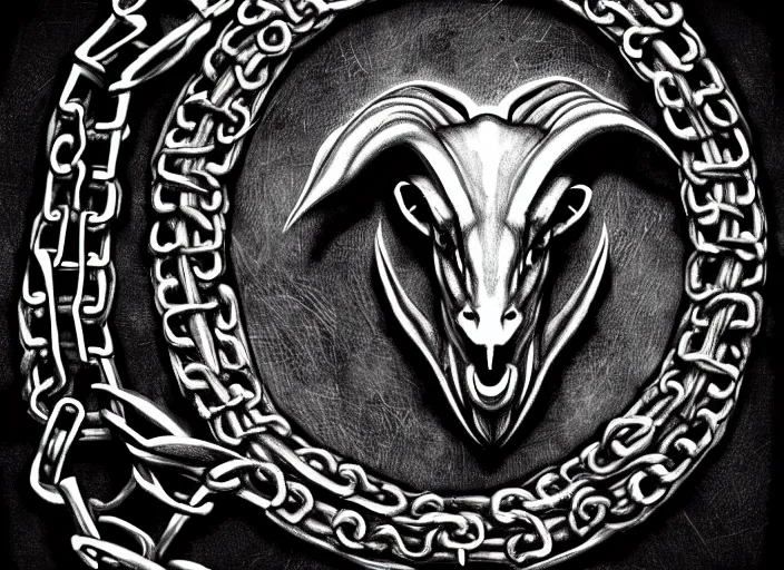 Prompt: satanic goat head, metal, metal band, chains, 666, digital art, trending on art station