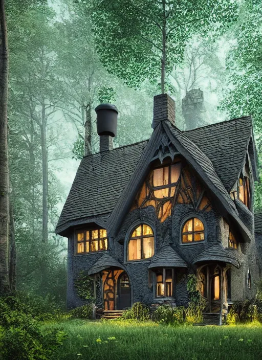 Image similar to hyper realistic homely ornate witch cottage architectural, in the woods gorgeous lighting, blue sky, highly detailed, lush forest architectural render, octane render, ue 5 raytraced