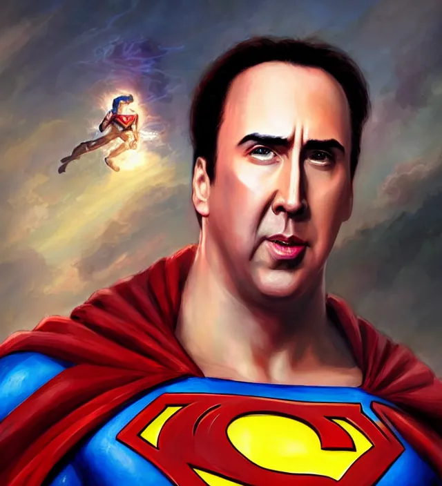 Prompt: nick cage as superman, dnd character art portrait, matte fantasy painting, deviantart artstation, by jason felix by steve argyle by tyler jacobson by peter mohrbacher, cinema