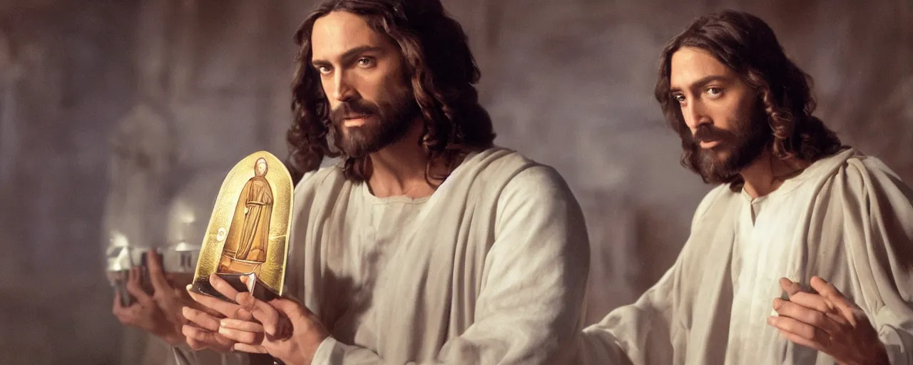 Image similar to Jesus holding the holy grail, cinematic masterpiece, warm atmosphere, very sharp and detailed image