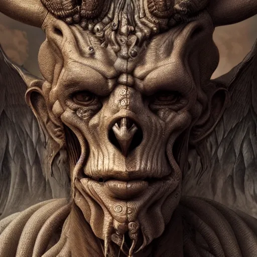 Prompt: a beautiful portrait of baphomet, 8 k, zbrush, octane, 8 k, incredibly detailed, androgynous, hr giger, peter gric, pablo amaringo