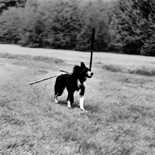 Prompt: declassified photo of collie dog carrying stick that's too large, film grain, specular highlights, 3 5 mm lens, government archive photograph