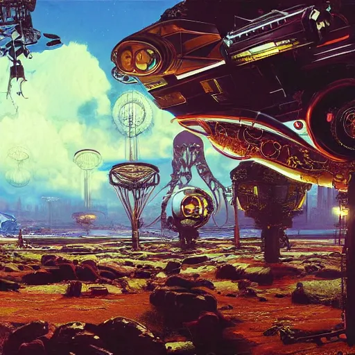 Image similar to painting of syd mead artlilery scifi tech with ornate metal work lands in country landscape, filigree ornaments, volumetric lights, simon stalenhag, from a movie scene
