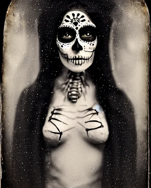 Image similar to tintype full body virgin mary dressed in dia de muertos makeup high quality photo, microchip, artificial intelligence, bio - mechanical bio - luminescence, black wired cables, neurons, nerve cells, cinematic, rim light, photo - realistic, high detail, 8 k, masterpiece, high fashion, in the style of steven meisel dora maar h. g. giger