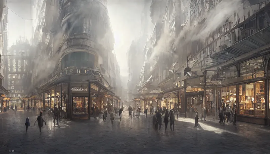 Prompt: shopping street with a transparent glass floor with more shops underneath in a Dieselpunk city, shopwindows, light, shadows, reflections, steam, epic composition, intricate, elegant, volumetric lighting, digital painting, highly detailed, artstation, sharp focus, illustration, concept art, ruan jia, steve mccurry