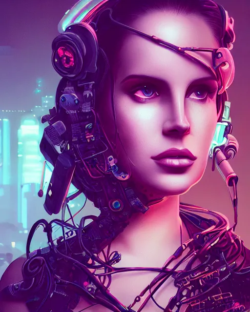 Image similar to portrait of lana del rey as a cyberpunk cyborg. roses, sci - fi, missing panels, intricate abstract upper body intricate artwork, by tooth wu, wlop, beeple, dan mumford. concept art, octane render, deviantart, greg rutkowski, cinematic, key art, hyperrealism, iridescent accents