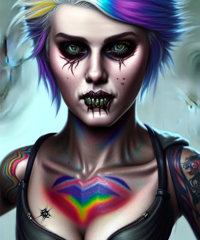 Image similar to ciri dressed as a punk, side buzzed, rainbow hair, tattoos, face piercings, beautiful, highly detailed face, true anatomy!, extremely detailed!, digital painting, unreal engine 5, art by tom bagshaw