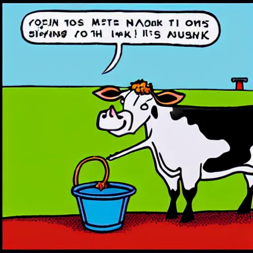 Image similar to a cow points at a bucket in the style of gary larson