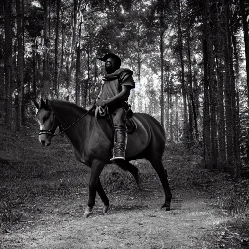 Prompt: Kanye West riding a horse in the forest, 35mm, photorealistic, studio light, noire