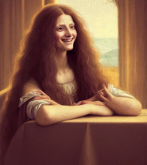 Image similar to portrait of a long - haired woman smiling as she is sitting upon a table with heightened detail, poised, intense emotion, detailed facial expression, detailed surroundings, intricate, elegant, highly detailed, centered, digital painting, artstation, concept art, smooth, sharp focus, illustration, by ( leonardo da vinci ), wlop