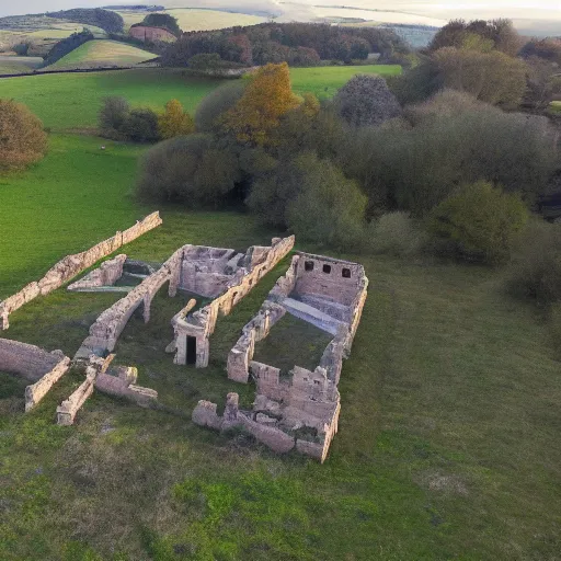 Image similar to a drone photo of a perfect Roman Villa in Roman England in 350 AD