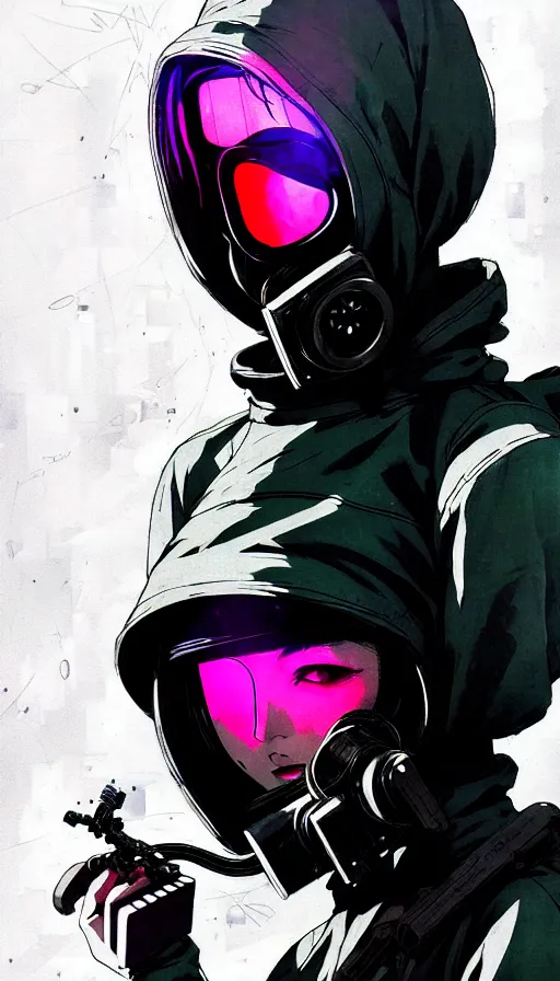 Image similar to cyberpunk anime girl in hoodie, cyberpunk gas mask, 3 / 4 shot, street night, grafity, beautiful face, grafity, arcane, action, tokyo street, detail, good face, pose model, concept art, in style of yoji shinkawa, pan ren wei, col price, atey ghailan, by greg rutkowski, aesthetic