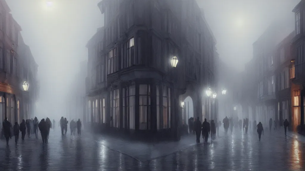 Image similar to a crowd of people on street of the old town with houses in the windows of which the light is on. early morning, fog on ground, wet street. mike barr painting. volumetric light, dull colors, dark, noir arthouse, 3 5 mm, hight detalied, hd, 4 k