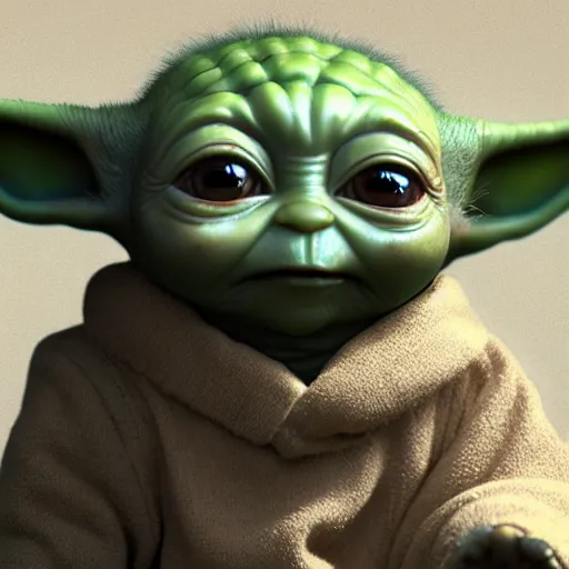 Image similar to photo realistic image of a baby yoda, stunning 3 d render inspired art by istvan sandorfi and greg rutkowski, perfect facial symmetry, realistic, highly detailed attributes and atmosphere, dim volumetric cinematic lighting,
